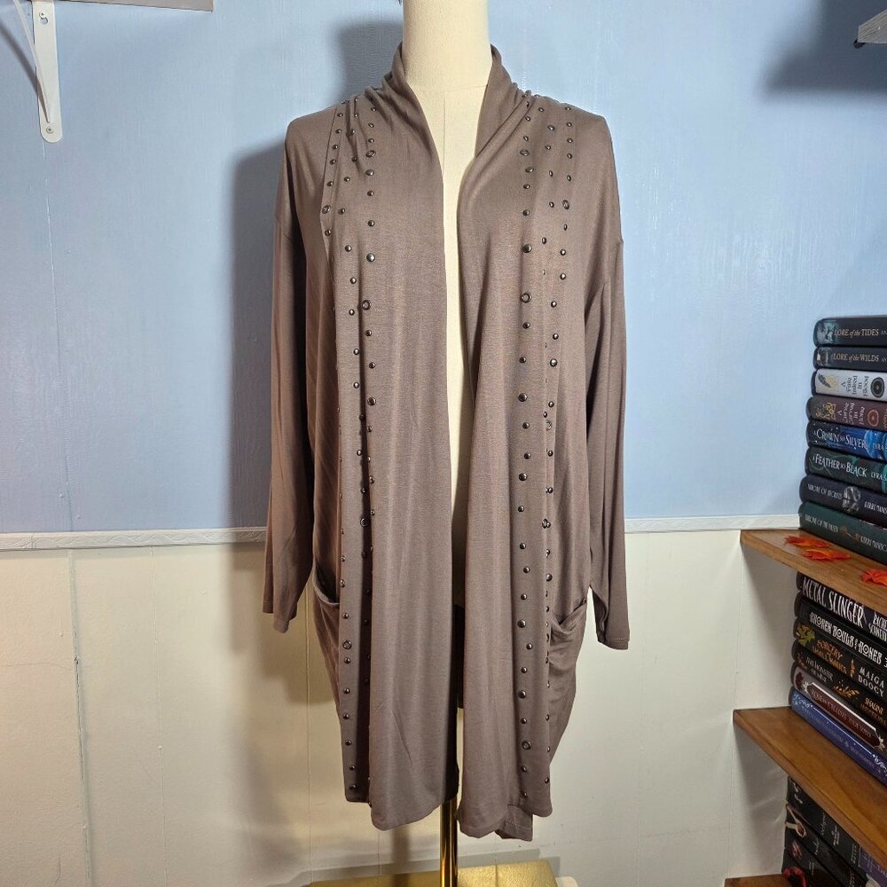 Cyrus 1X Dark Taupe Open Longsleeve Studded Detail Open Lightweight Cardigan